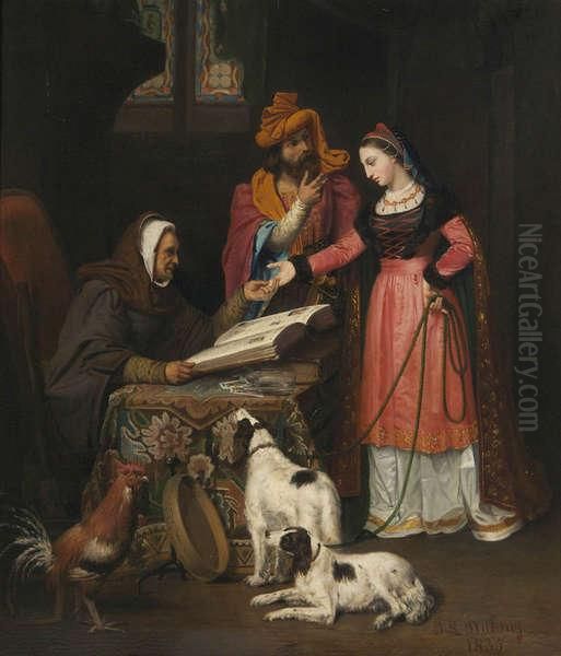Isabeau de Baviere et le duc de Bourgogne chez une necromancienne Oil Painting by Jean-Louis Dulong