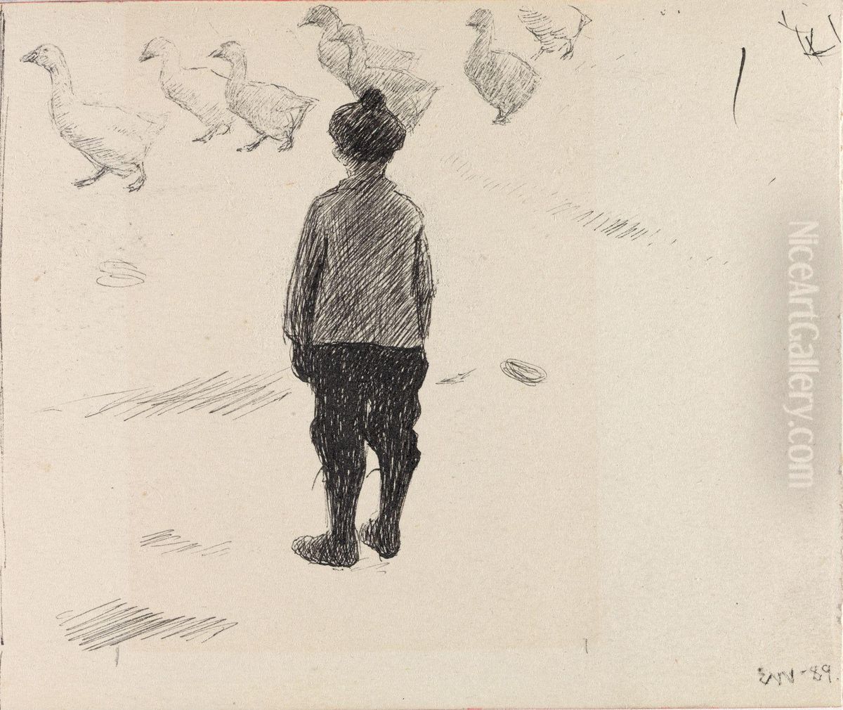 Boy looking at a Gaggle of Geese Oil Painting by Erik Werenskiold