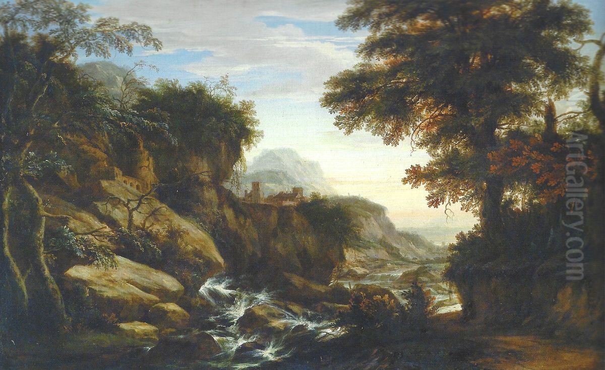 Mountainous forest landscape with a view of a castle Oil Painting by Renier Meganck