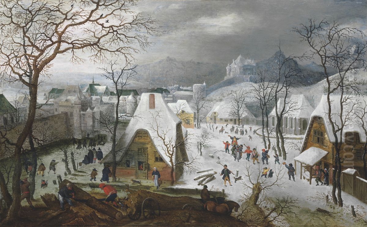 The Season of Winter: a snowy landscape with a wedding procession and figures playing on the ice outside a walled town Oil Painting by Jacob Savery