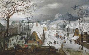 The Season of Winter: a snowy landscape with a wedding procession and figures playing on the ice outside a walled town