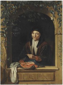 An old woman cutting a lobster at a window