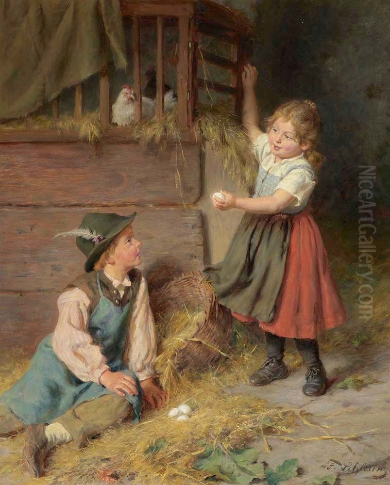 Children collecting eggs Oil Painting by Felix Schlesinger
