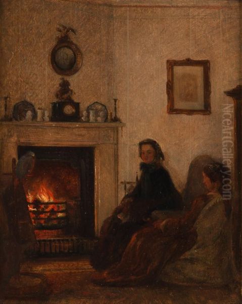 Zwei junge Damen warmen sich in der Kaminstube, den zahmen Papagei betrachtend Oil Painting by Felix Schlesinger