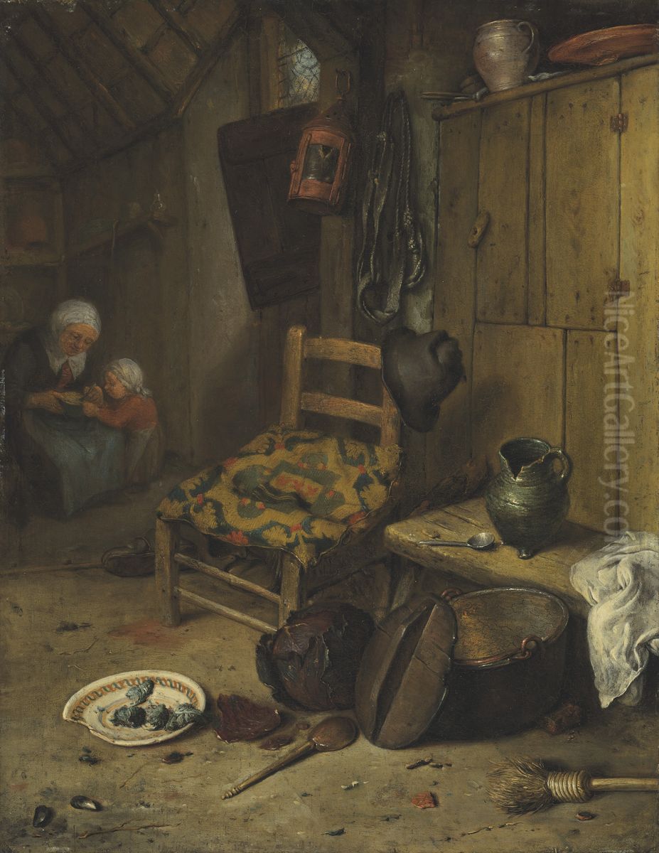 A kitchen interior with a mother and child
the coat-of-arms of the Van Doerne family on the woven cushion Oil Painting by Adriaen van Ostade