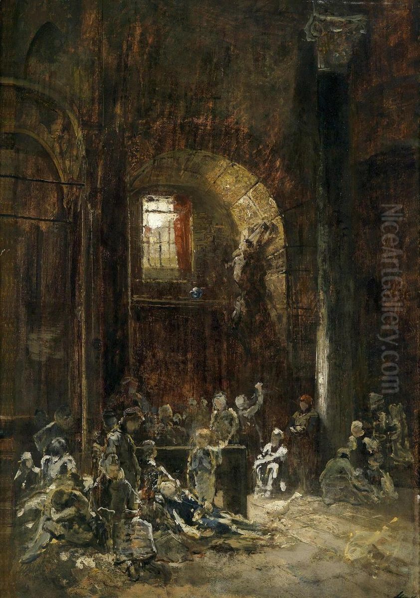 Bosnian Refugees in Spalato Cathedral Oil Painting by Emil Jakob Schindler