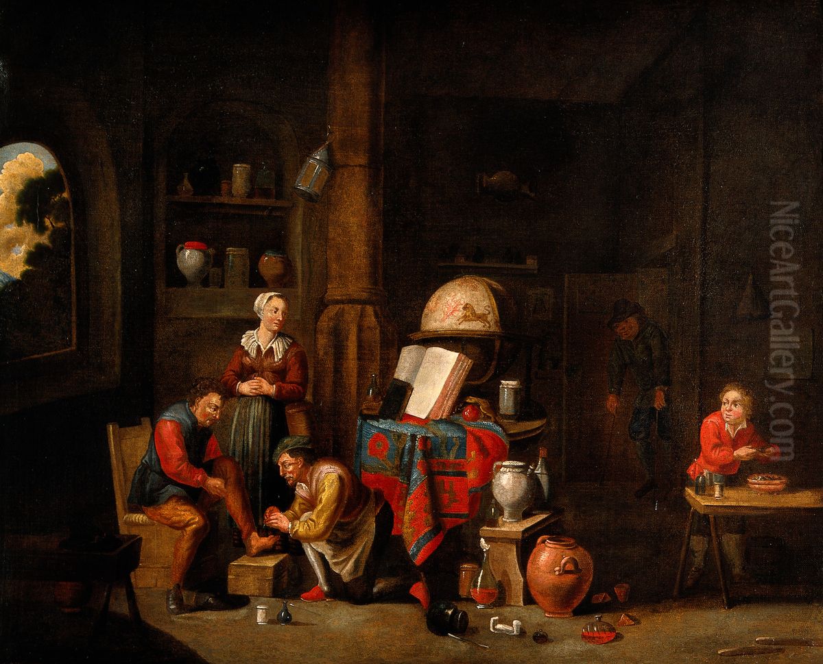 A surgeon treating an injury to a man's foot. Oil Painting by David Teniers the Younger