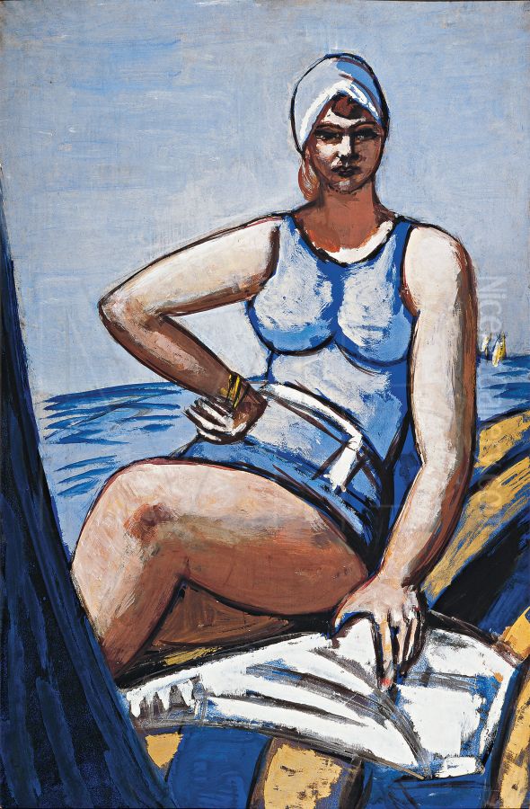 Quappi in blue in a boat Oil Painting by Max Beckmann