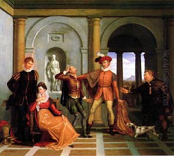 Petruchio attacks the Tailor in Act III, scene IV ofThe Taming of the Shrew Oil Painting by Washington Allston