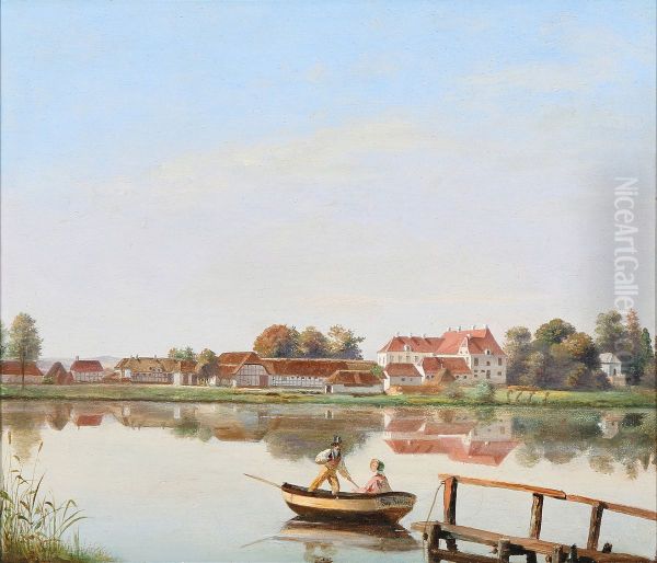 Sobysogaard seen from Norre Soby Church, Funen. Oil Painting by Sophus Schack