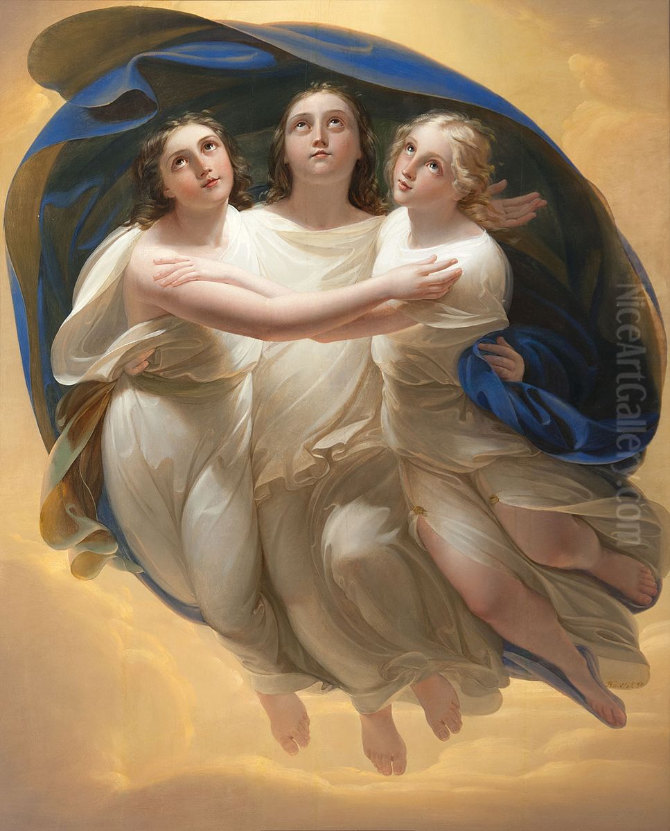 Three Angels (Faith, Hope and Love) Oil Painting by Frantisek Tkadlik