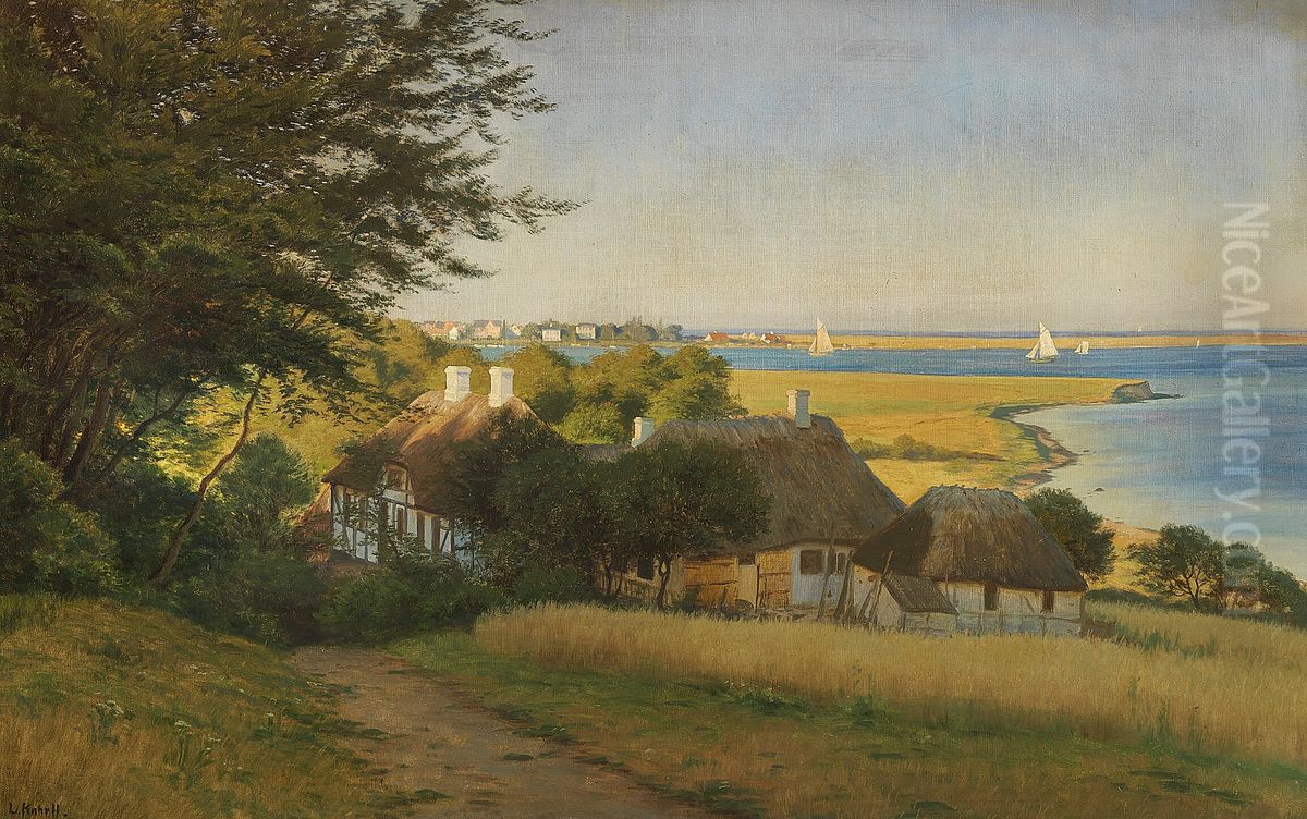 A view of inlets and sailing ships. Oil Painting by Ludvig Kabell