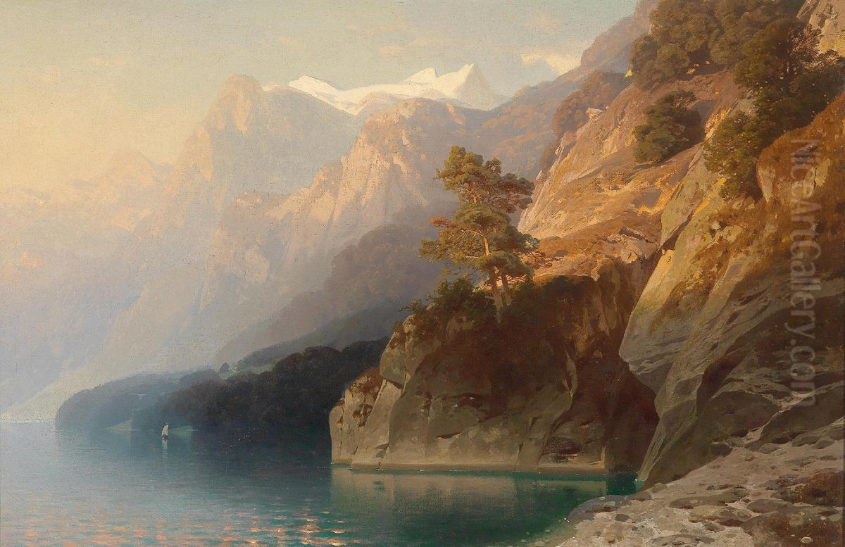 Mountain landscape with lake Oil Painting by Stanislaus von Kalckreuth
