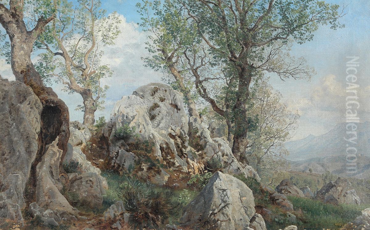 Sydlandsk parti ved et klippefremspring med bjerge i baggrunden Oil Painting by Janus Andreas Bartholin La Cour