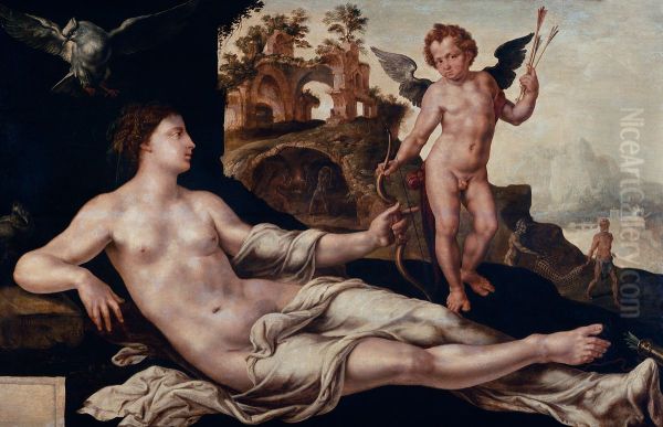 Venus and Amor Oil Painting by Maarten Van Heemskerck