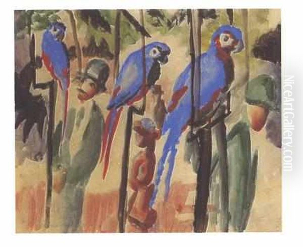 At the parrots Oil Painting by August Macke At the parrots Oil Painting by August Macke