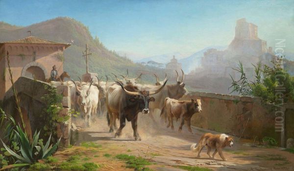 Cattle drive in Italy Oil Painting by Adolf Mackeprang