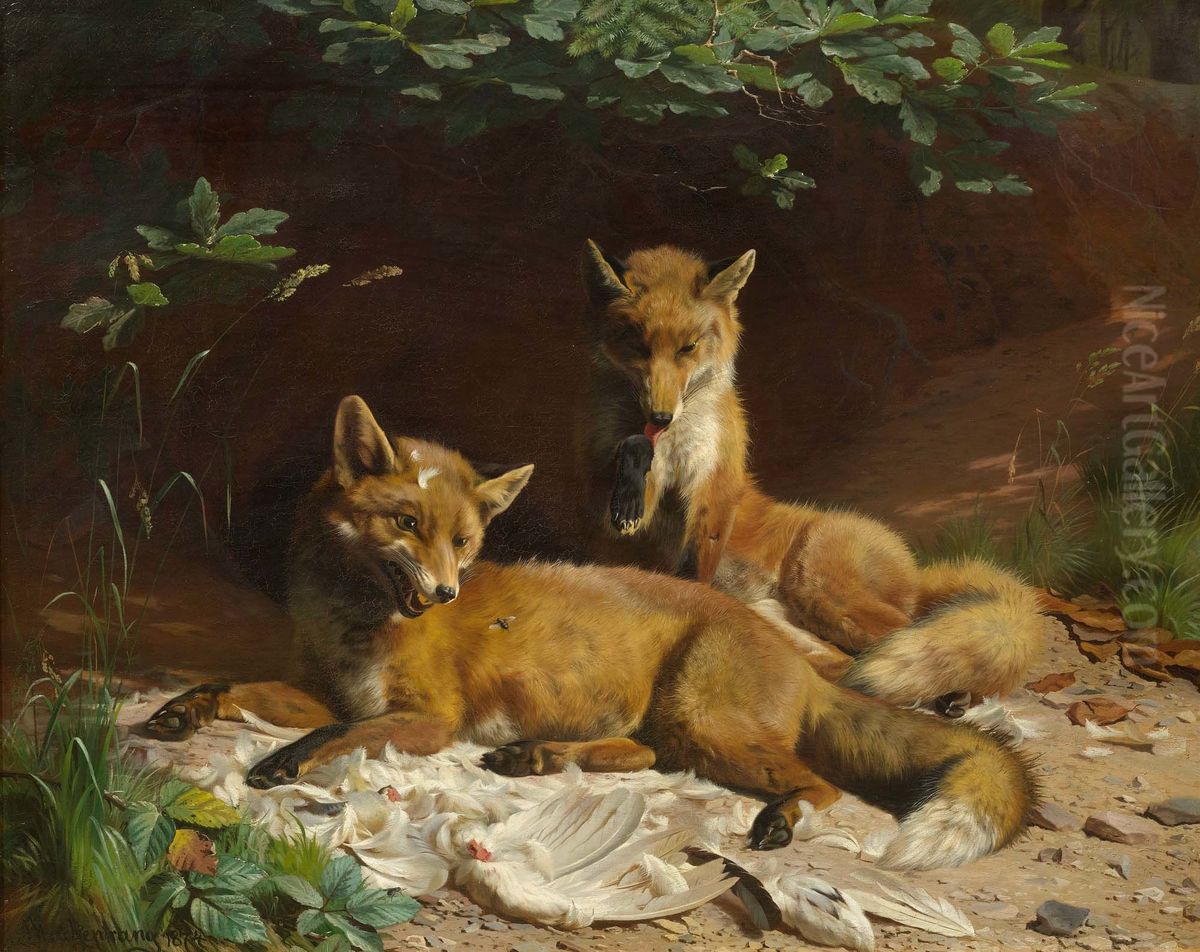 Two foxes Oil Painting by Adolf Mackeprang