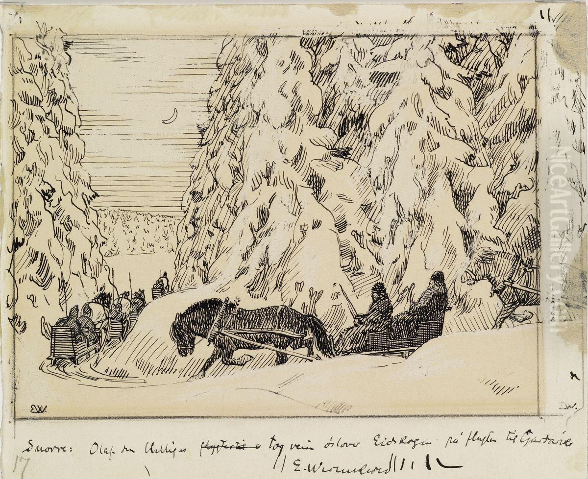 King Olav runs through Eidskogen to Varmland Oil Painting by Erik Werenskiold