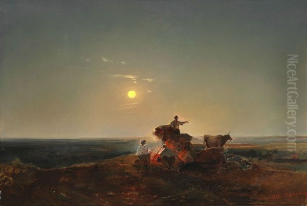 Nomads around a fire on the plain in moonlight Oil Painting by Alexei Kondratievich Savrasov