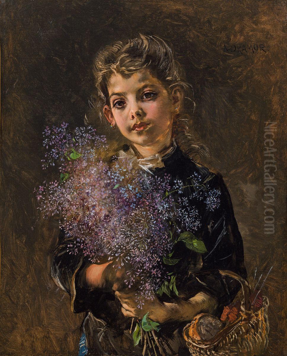 Madchen mit Fliederstrauss Oil Painting by Anton Romako