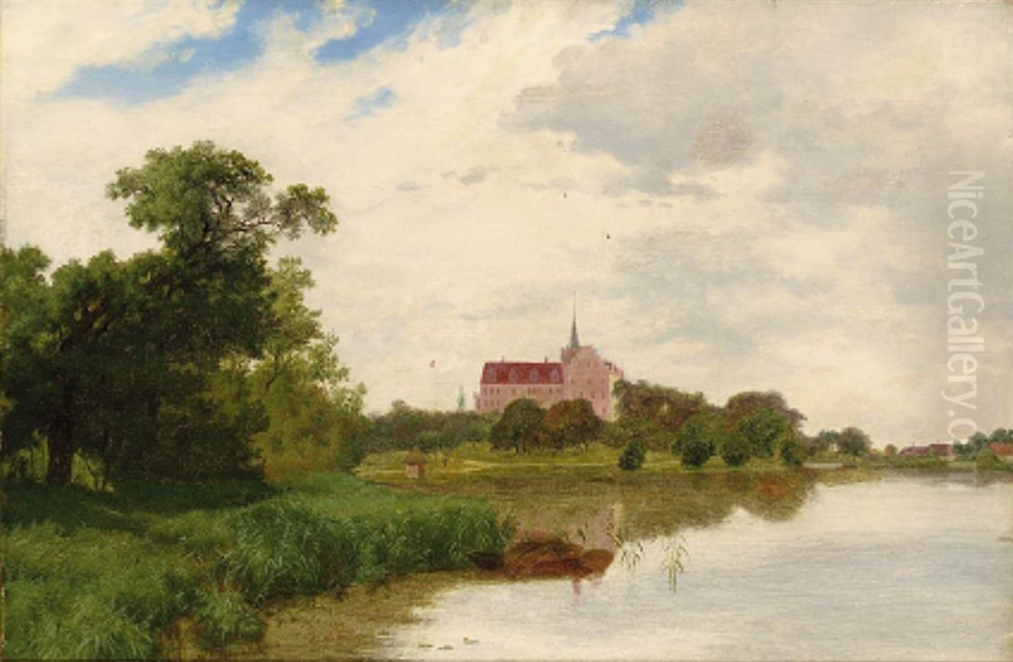 Scene from Tranekaer. In the background the manor and town of Tranekaer. Oil Painting by Axel Schovelin