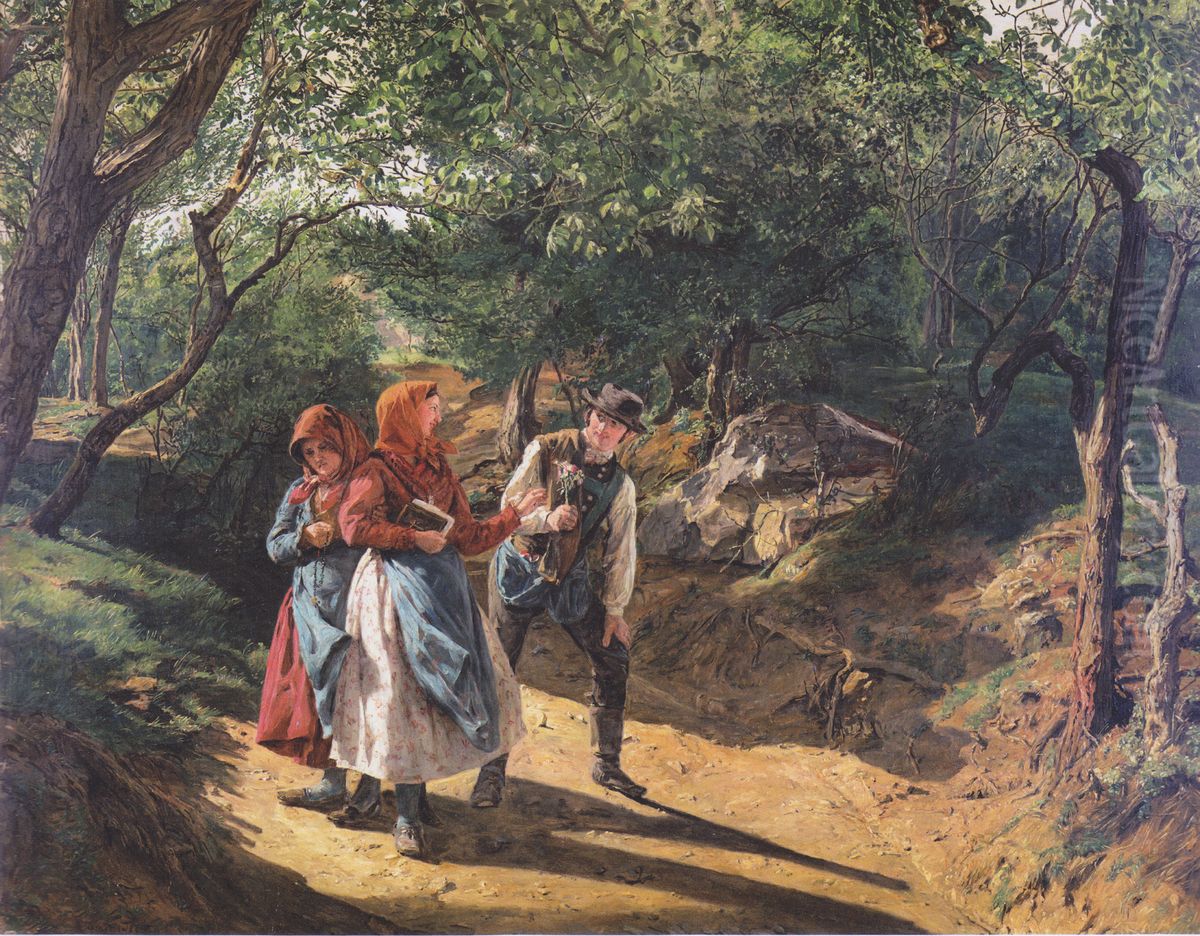 Meeting in the woods Oil Painting by Ferdinand Georg Waldmuller