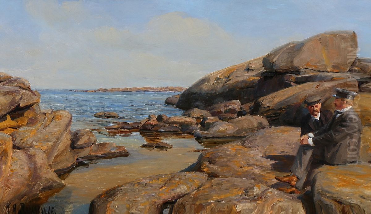 Two men in conversation on a rocky shore Oil Painting by H. A. Brendekilde