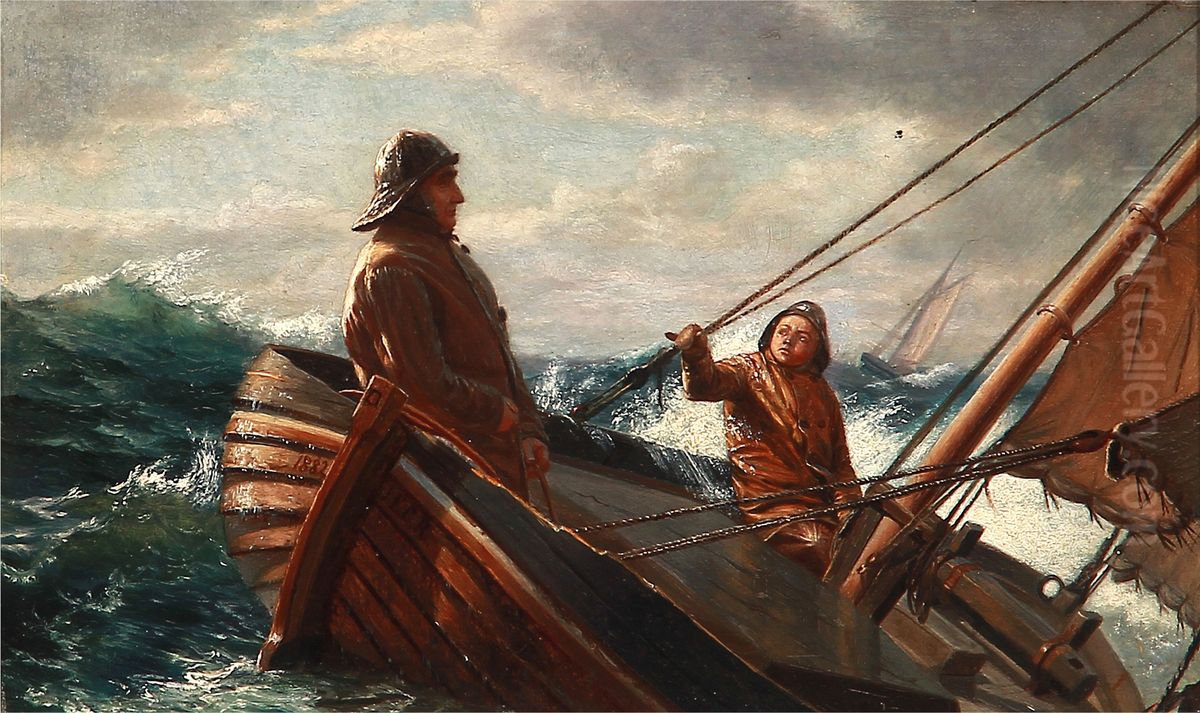 Seascape with two fishermen in a boat in big waves Oil Painting by Carl Rasmussen