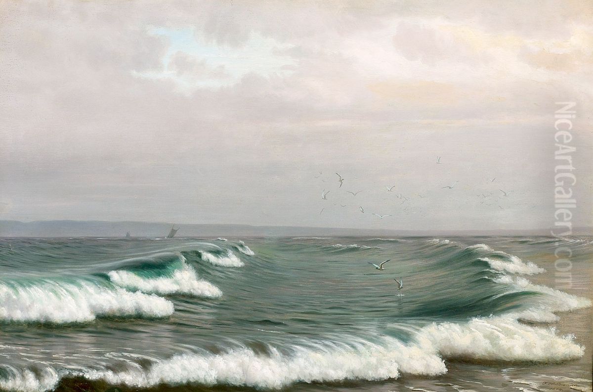 Breaking waves and seagulls. Oil Painting by Johannes Herman Brandt