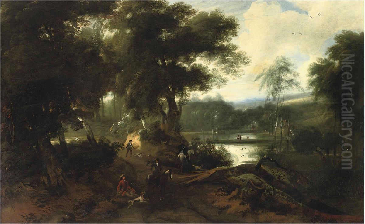 A wooded landscape with a hunting company resting near a pond Oil Painting by Ignatius Van Der Stock A wooded landscape with a hunting company resting near a pond Oil Painting by Ignatius Van Der Stock