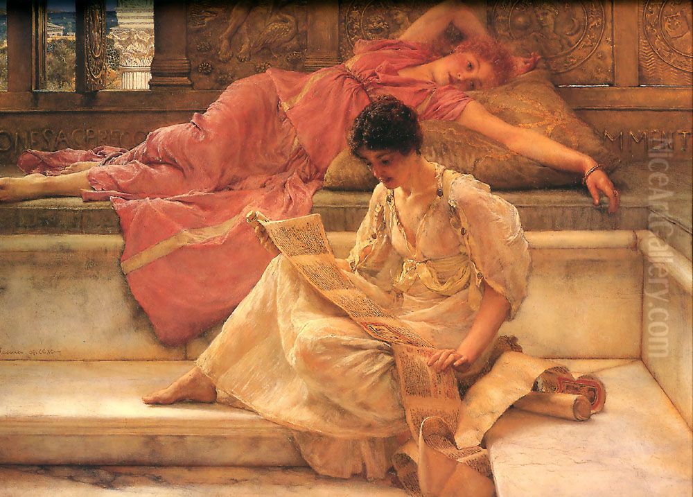A Favourite Author Oil Painting by Lawrence Alma-Tadema