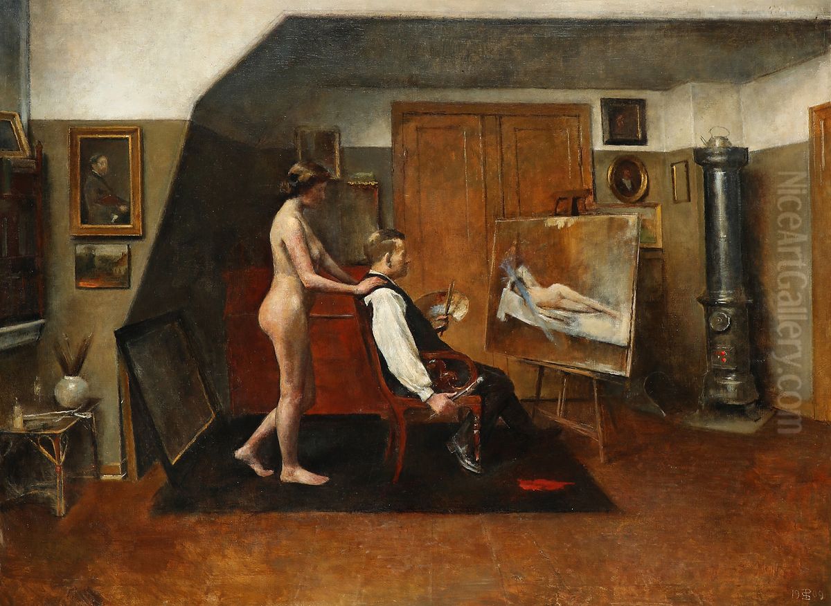 Interior fra et atelie med kunstneren og hans model Oil Painting by Peter Alfred Schou