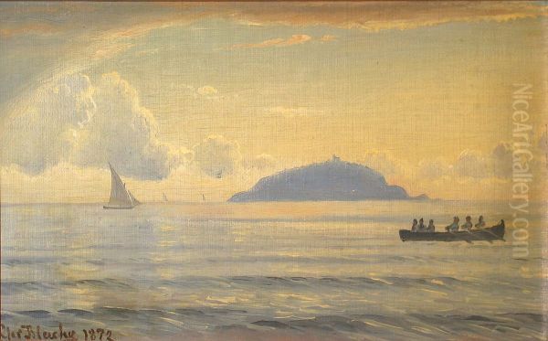 Marine with numerous boats off an island. Oil Painting by Christian Vigilius Blache