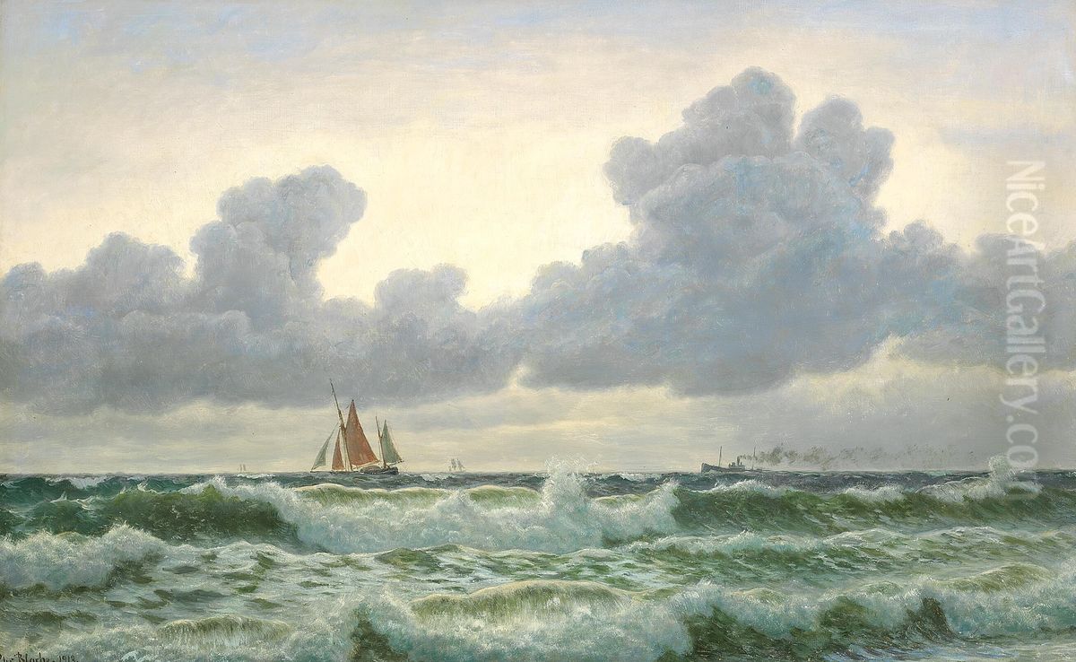 A view of the sea with dark clouds gathering on the horizon. Oil Painting by Christian Vigilius Blache