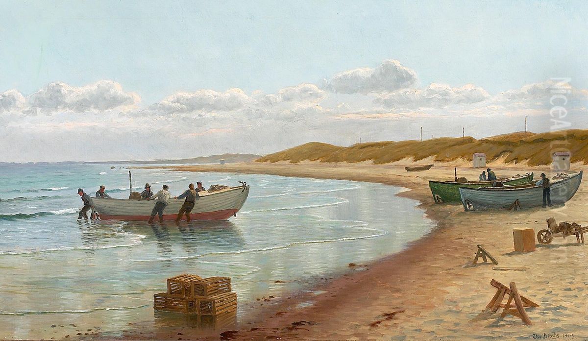 Coastal seenery with fishermen by their boats. Oil Painting by Christian Vigilius Blache