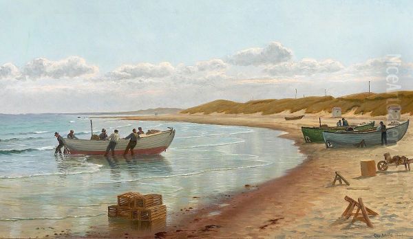 Coastal seenery with fishermen by their boats. Oil Painting by Christian Vigilius Blache