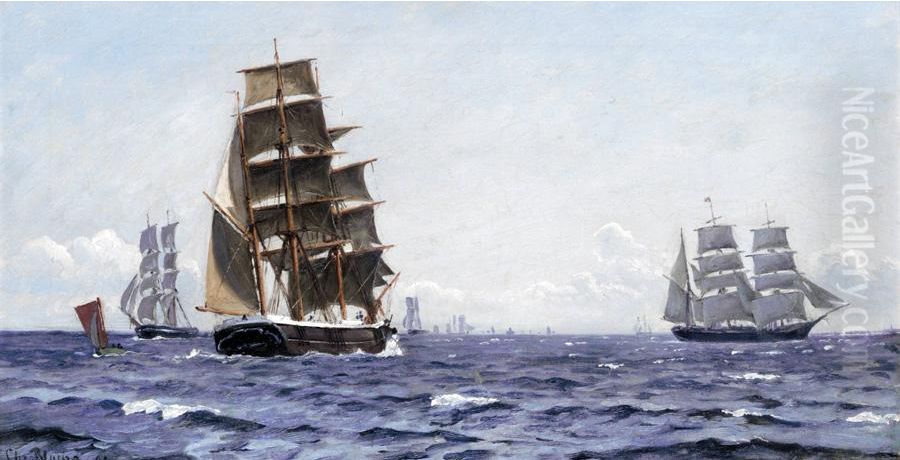Sailing ships in choppy water. Oil Painting by Christian Vigilius Blache