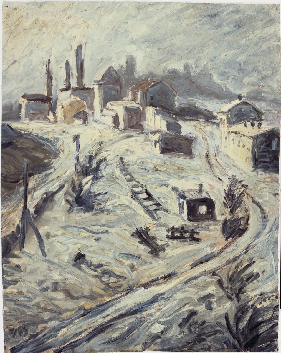 Site With Train Tracks and Houses. Oil Painting by Walter Gramatte