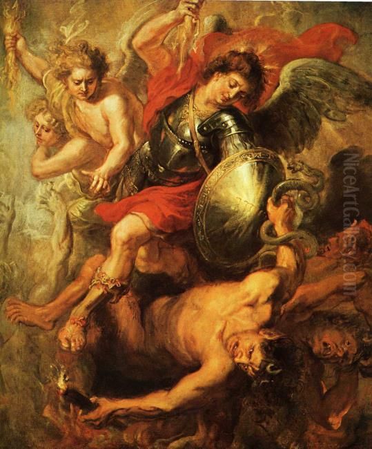 Saint Michael striking down the rebellious angels Oil Painting by (studio of) Rubens, Peter Paul