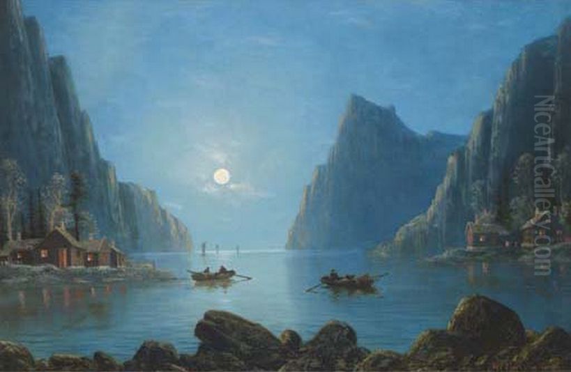 Rowing on a fjord by moonlight. Oil Painting by Niels H. Christiansen