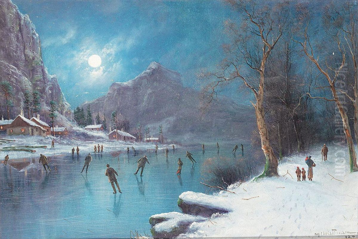 Skaters on a frozen lake by moonlight. Oil Painting by Niels H. Christiansen