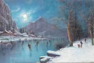 Skaters on a frozen lake by moonlight.