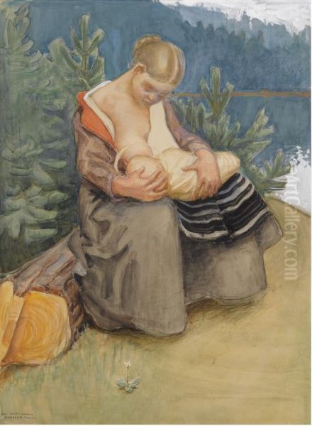 (MOTHER AND CHILD) Oil Painting by Akseli Gallen-Kallela