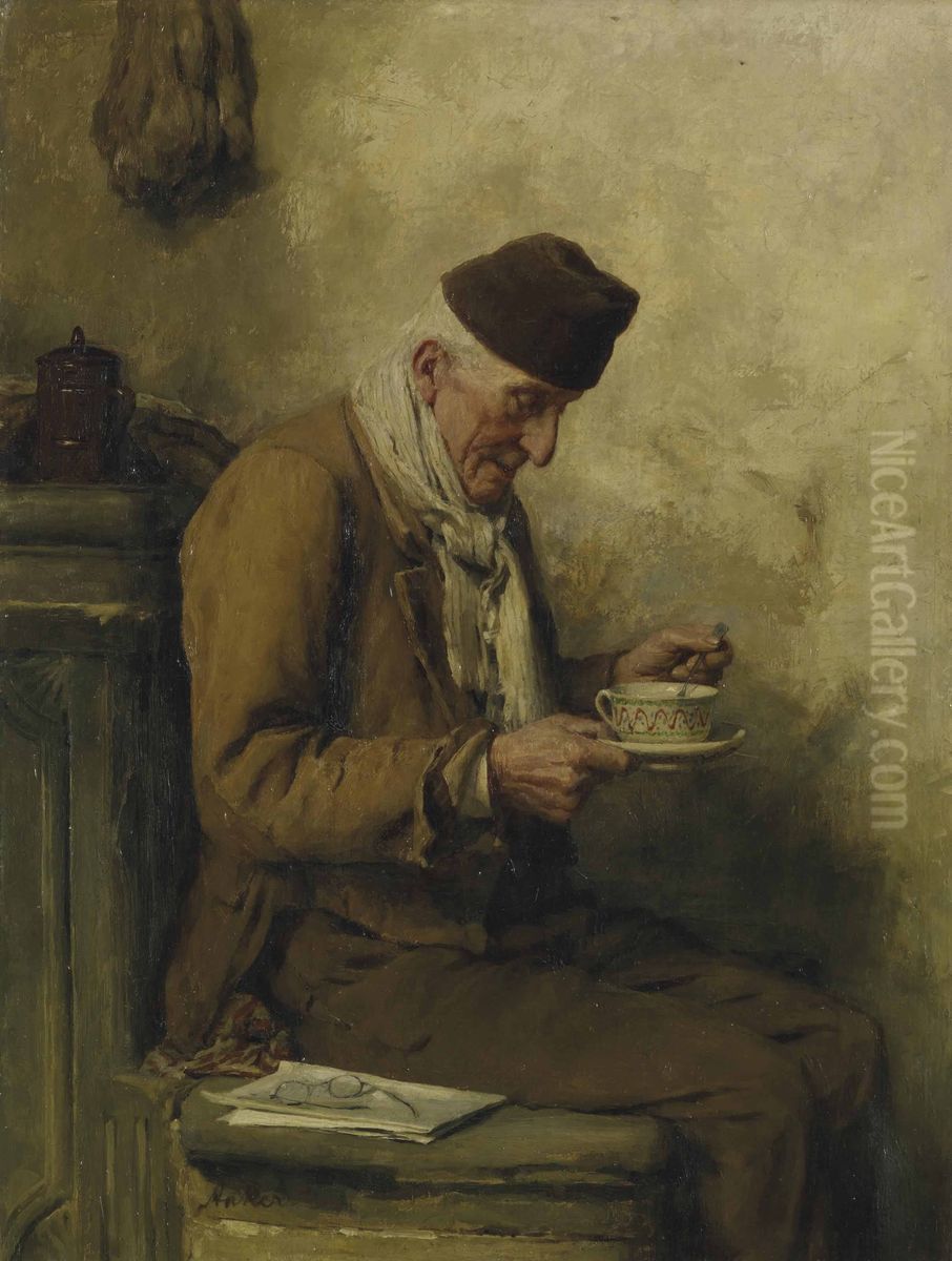 Old Man drinking Herbal Tea Oil Painting by Albert Anker