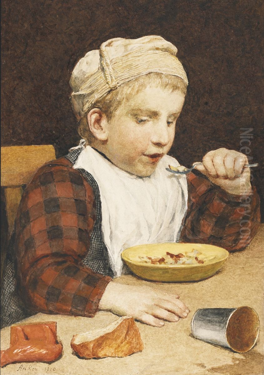Boy with a hat eating Oil Painting by Albert Anker