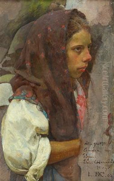 Peasant girl, study for 'The funeral of a child' Oil Painting by Luigi Nono
