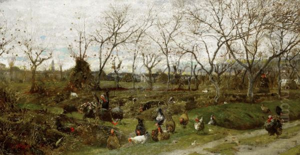 Autumn landscape with turkeys Oil Painting by Luigi Nono