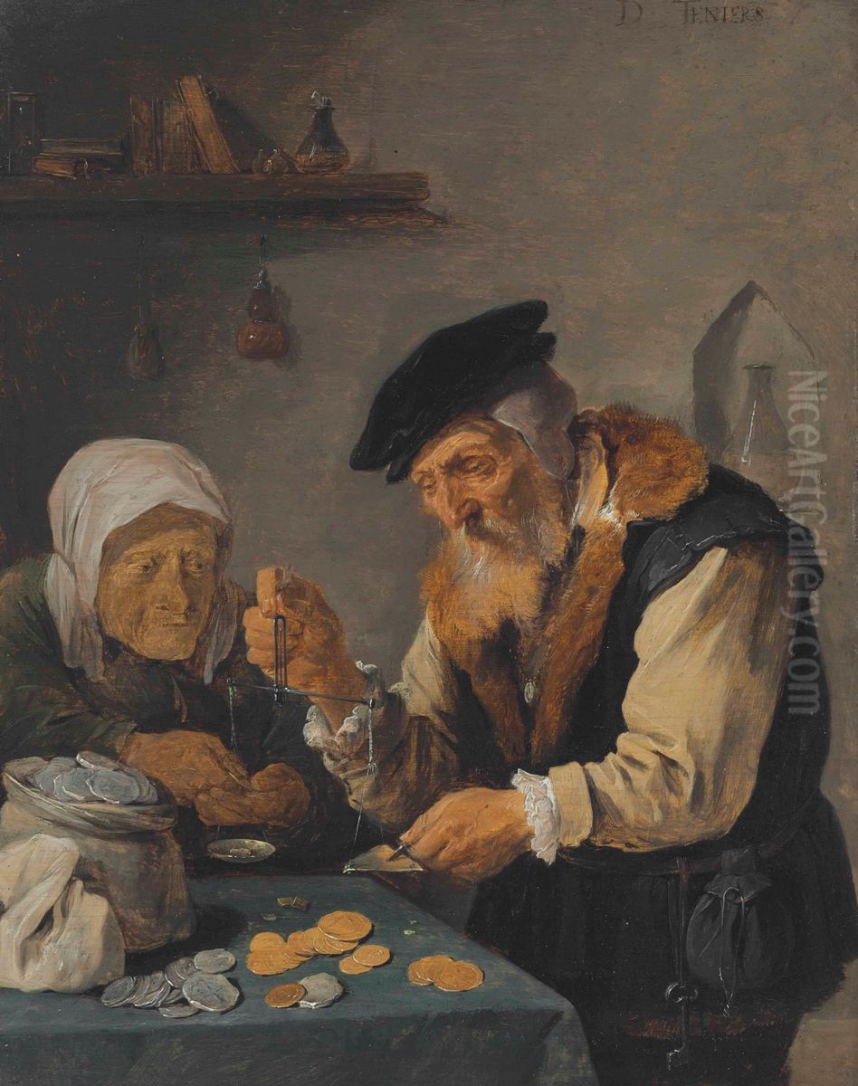 Old man and woman weighing coins Oil Painting by David Teniers the Younger