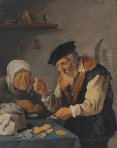 Old man and woman weighing coins